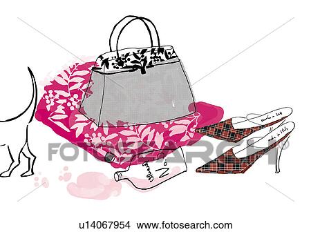 Stock Illustration - Bag, perfume bottle and assorted shoes . Fotosearch