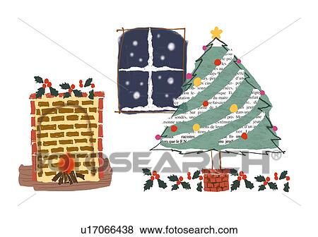 Christmas Tree, Christmas Decorations and An Open Fire in a Living Room View Large Illustration Stock Illustration - Christmas Tree, Christmas Decorations and An Open Fire in a Living Room . Fotosearch