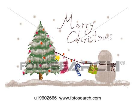Christmas Tree, Christmas Decorations and Snowman View Large Illustration Stock Illustration - Christmas Tree, Christmas Decorations and Snowman. Fotosearch