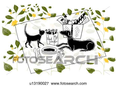 Stock Illustration - Dog and cat sitting a mat. Fotosearch