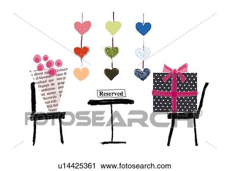 Gift and bouquet on chair with heart View Large Illustration Clip Art - Gift and bouquet on chair with heart. Fotosearch