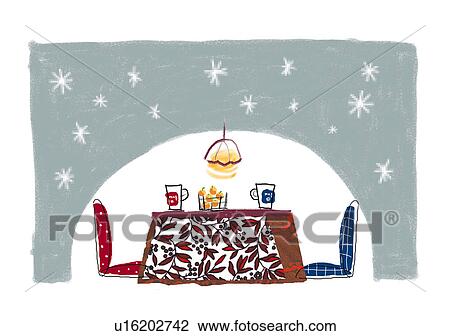 Kotatsu (Heater with a thick quilt) View Large Illustration Drawing - Kotatsu (Heater with a thick quilt). Fotosearch