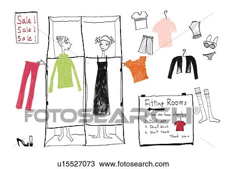Drawing - Two women trying on dress in changing room of shop. Fotosearch