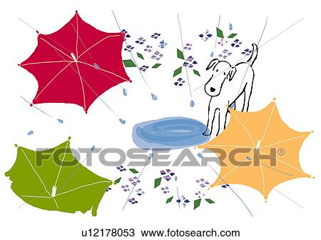 Drawing - Umbrellas and dog. Fotosearch