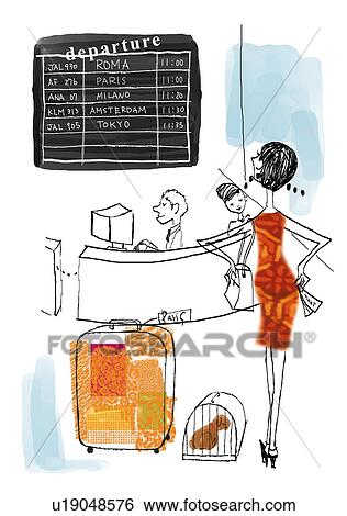 Woman standing at Airport Check in View Large Illustration Stock Illustration - Woman standing at Airport Check in . Fotosearch