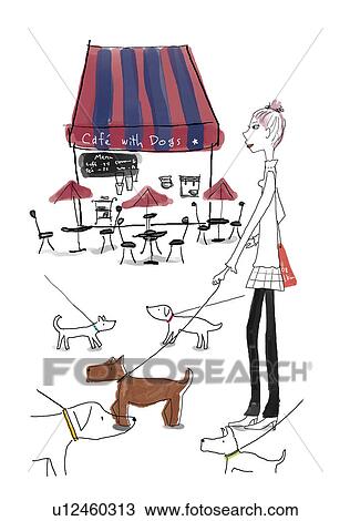 Drawing - Woman walking dog. Fotosearch