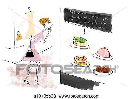 Drawing - Women looking at Cakes in window, side view . Fotosearch