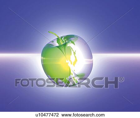 Drawing - Apple-shaped crystal globe, blue background, Computer Graphics, composition. Fotosearch