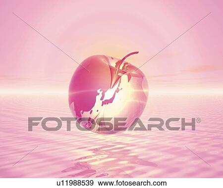 Apple-shaped crystal globe floating over the water, toned image, Computer Graphics, composition View Large Illustration Stock Illustration - Apple-shaped crystal globe floating over the water, toned image, Computer Graphics, composition. Fotosearch