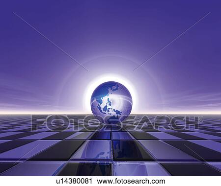 Crystal globe on black and white checkered floor, blue background, Computer Graphics, composition, copy space View Large Illustration Clip Art - Crystal globe on black and white checkered floor, blue background, Computer Graphics, composition, copy space. Fotosearch