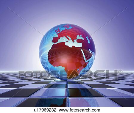Drawing - Crystal globe on black and white checkered floor, blue background, Computer Graphics, composition. Fotosearch