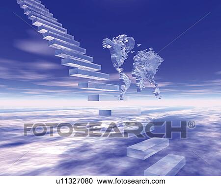 Clipart - Crystal stairs and world map in the sky, side view, Computer Graphics, composition. Fotosearch
