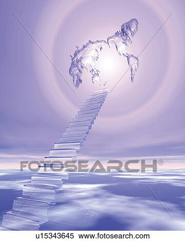 Crystal stairs extending to the world map in the sky, Computer Graphics, composition View Large Illustration Stock Illustration - Crystal stairs extending to the world map in the sky, Computer Graphics, composition. Fotosearch
