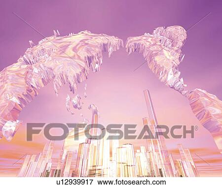 Stock Illustration - Crystal world map and skyscrapers, low angle view, Computer Graphics, composition. Fotosearch