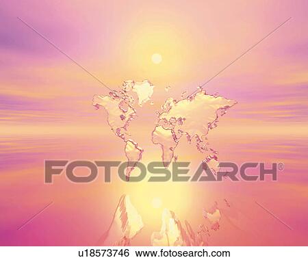 Stock Illustration - Crystal world map and the sun in the evening, Computer Graphics, composition. Fotosearch