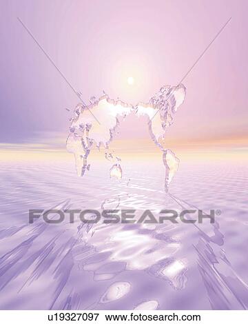 Stock Illustration - Crystal world map and the sun over the ocean, Computer Graphics, composition. Fotosearch