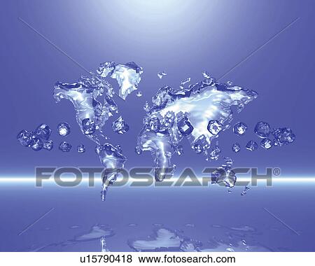 Stock Illustration - Crystal world map in a loop over water, Computer Graphics, composition. Fotosearch