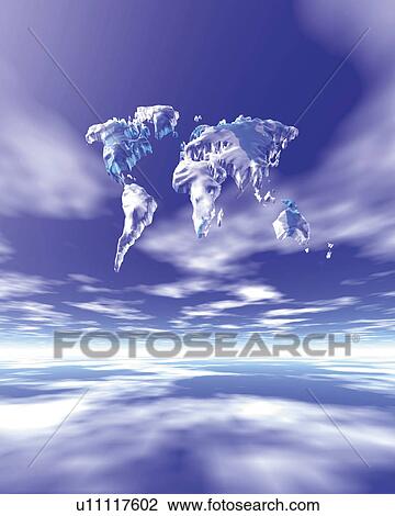 Drawing - Crystal world map in the blue sky, differential focus, Computer Graphics, composition. Fotosearch