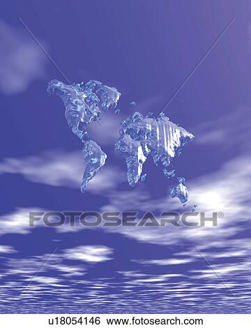 Stock Illustration - Crystal world map in the blue sky, low angle view, differential focus, Computer Graphics, composition. Fotosearch