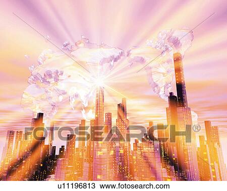 Crystal world map in the sky over the skyscrapers, Computer Graphics, composition View Large Illustration Drawing - Crystal world map in the sky over the skyscrapers, Computer Graphics, composition. Fotosearch