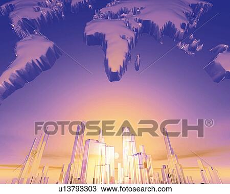 Drawing - Crystal world map in the sky over the skyscrapers, low angle view, Computer Graphics, composition. Fotosearch