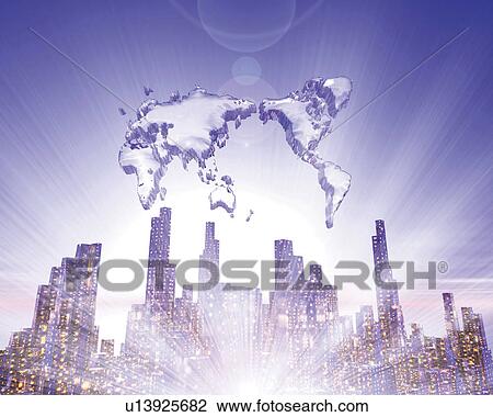 Drawing - Crystal world map in the sky over the skyscrapers, low angle view, Computer Graphics, composition. Fotosearch