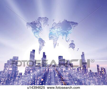 Crystal world map in the sky over the skyscrapers, Computer Graphics, composition View Large Illustration Stock Illustration - Crystal world map in the sky over the skyscrapers, Computer Graphics, composition. Fotosearch