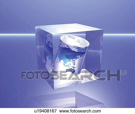Stock Illustration - Cylinder world map in square crystal, blue background, Computer Graphics, composition. Fotosearch
