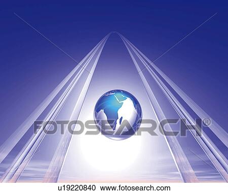 Clipart - Floating crystal globe and poles extending to the sky, low angle view, Computer Graphics, composition. Fotosearch