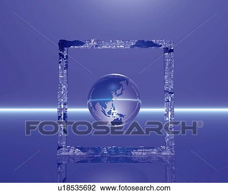 Globe in crystal frame, front view, blue background, Computer Graphics, composition View Large Illustration Drawing - Globe in crystal frame, front view, blue background, Computer Graphics, composition. Fotosearch