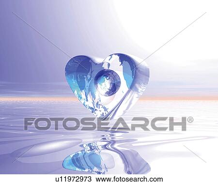 Globe in heart shaped crystal over the sea, Computer Graphics, composition View Large Illustration Drawing - Globe in heart shaped crystal over the sea, Computer Graphics, composition. Fotosearch