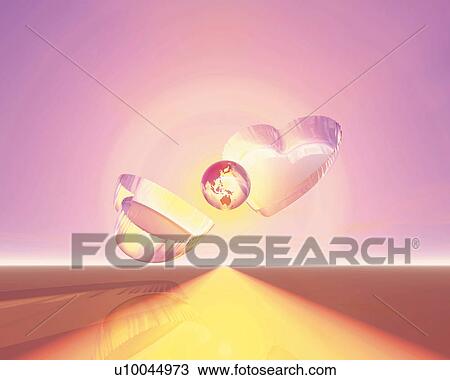 Drawing - Globe popped out from heart shaped crystal box, Computer Graphics, composition. Fotosearch