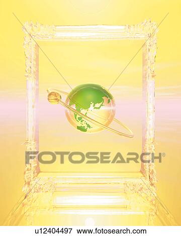 Globe with ring in crystal frame, front view, Computer Graphics, composition View Large Illustration Stock Illustration - Globe with ring in crystal frame, front view, Computer Graphics, composition. Fotosearch