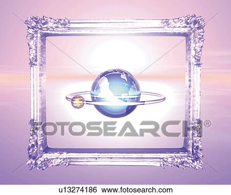 Stock Illustration - Globe with ring in crystal frame, front view, Computer Graphics, composition. Fotosearch