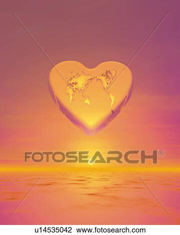 Heart shaped world map and sunset, Computer Graphics, composition View Large Illustration Drawing - Heart shaped world map and sunset, Computer Graphics, composition. Fotosearch