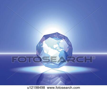 Stock Illustration - Light and crystal globe, blue background, Computer Graphics, composition, copy space. Fotosearch