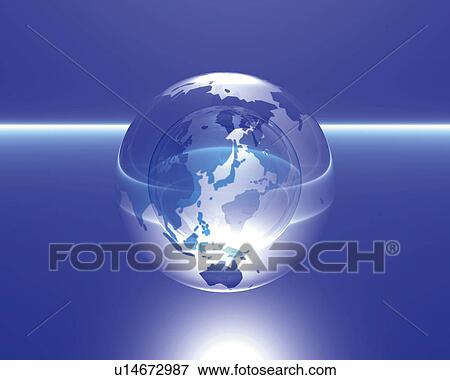 Stock Illustration - Light and crystal globe, blue background, Computer Graphics, composition. Fotosearch