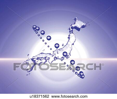 Light and crystal map of Japan in loops, front view, blue background, Computer Graphics, composition View Large Illustration Drawing - Light and crystal map of Japan in loops, front view, blue background, Computer Graphics, composition. Fotosearch