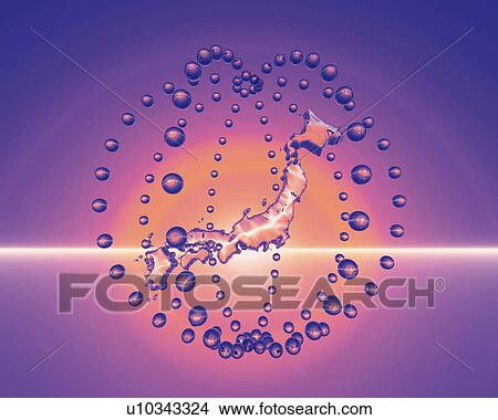 Stock Illustration - Light and crystal map of Japan in loops, front view, Computer Graphics, composition. Fotosearch