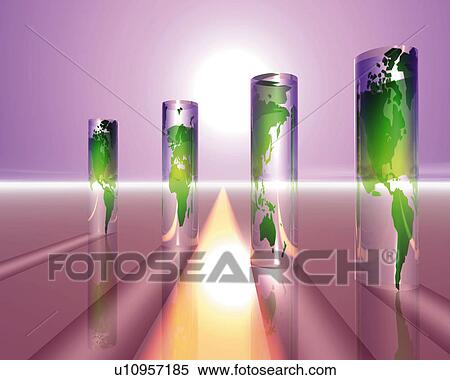 Row of cylinder world maps and light, Computer Graphics, composition View Large Illustration Stock Illustration - Row of cylinder world maps and light, Computer Graphics, composition. Fotosearch