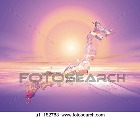 Sunset and crystal map of Japan in the sky, Computer Graphics, composition View Large Illustration Drawing - Sunset and crystal map of Japan in the sky, Computer Graphics, composition. Fotosearch
