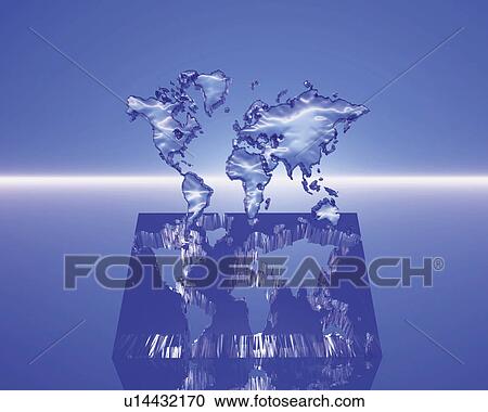 Clipart - World map cut out of square crystal, blue background, Computer Graphics, composition. Fotosearch