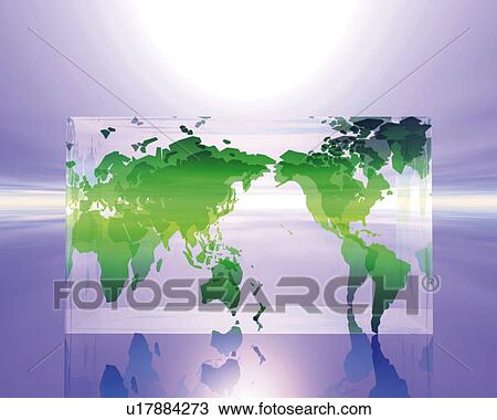 Drawing - World map of rectangular crystal, front view, Computer Graphics, composition. Fotosearch