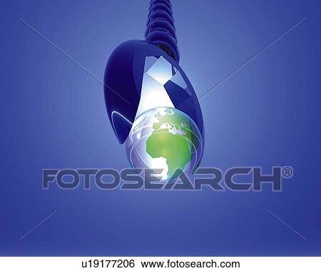 Stock Illustration - Wrench holding crystal globe, blue background, Computer Graphics, composition, copy space. Fotosearch