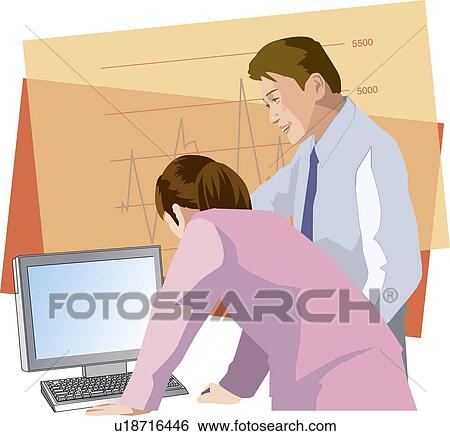 Stock Illustration - Businessman and Businesswoman looking at a Computer Screen, Illustrative Technique. Fotosearch