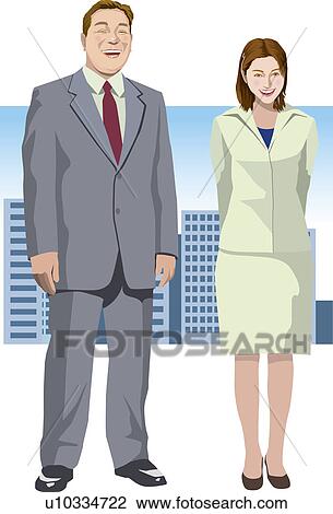 Drawing - Businessman and businesswoman smiling, Illustrative Technique. Fotosearch