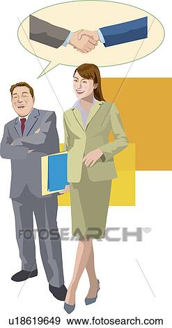 Stock Illustration - Businessman and businesswoman talking about completion of deal, Illustrative Technique. Fotosearch