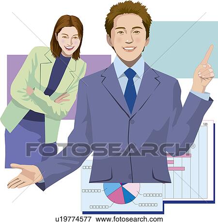 Businessman pointing up and businesswoman with folded arms, smiling, Illustrative Technique View Large Illustration Stock Illustration - Businessman pointing up and businesswoman with folded arms, smiling, Illustrative Technique. Fotosearch