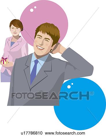 Clipart - Businessman smiling and woman holding wrapped Gift, Illustrative Technique. Fotosearch