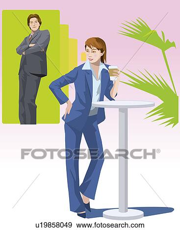 Stock Illustration - Businessman with folded arms and businesswoman drinking coffee, Illustrative Technique. Fotosearch